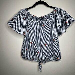Roommates Blue and White Flutter Sleeve Smocked Blouse